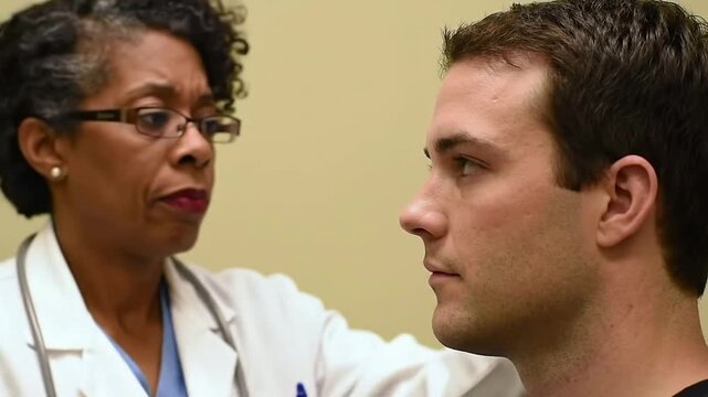 Doctor Examining Patient's Eye Response With Penlight During Routine Health Check-Up in a Clinical Setting