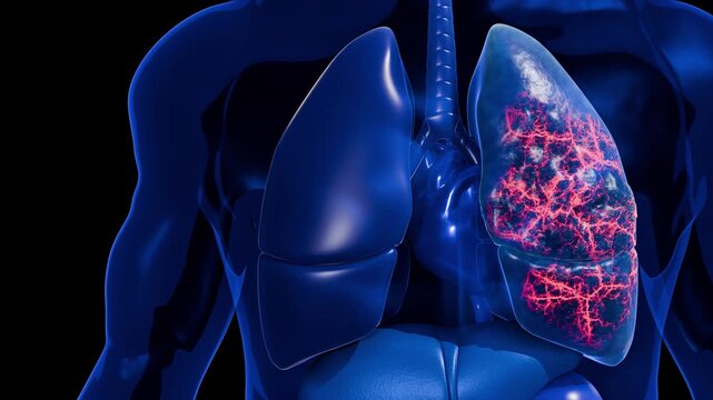 Human Lung Showing Progressive Cancer Cell Growth Tumor Expansion Root Invasion and Increasing Pulmonary Tissue Injury 3D Rendering
