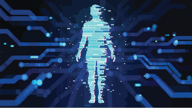 Human body silhouette dissolving into digital pixels and data streams on dark circuitry background.