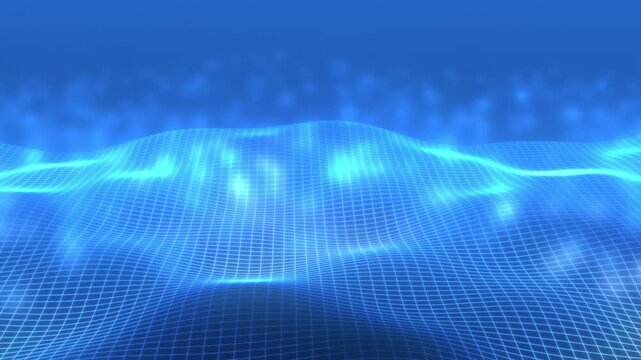 Abstract digital blue grid landscape with glowing light waves, futuristic motion background