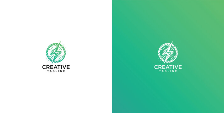 Green eco energy lightning bolt logo template with tech circuit circle representing renewable power