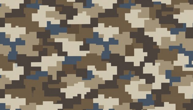 Digital Pixel Camouflage Seamless Pattern in Earth Tones and Blue