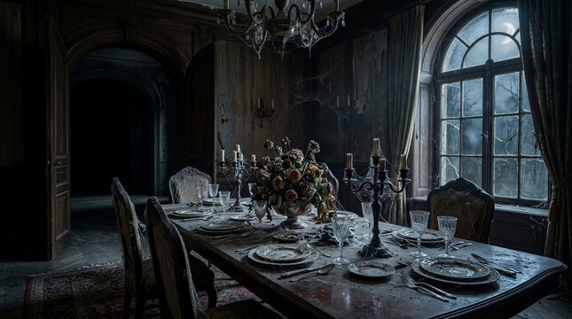 Spooky abandoned dining room with cinematic halloween, gothic maximalist decor, dusty table settings and eerie moonlight shining in