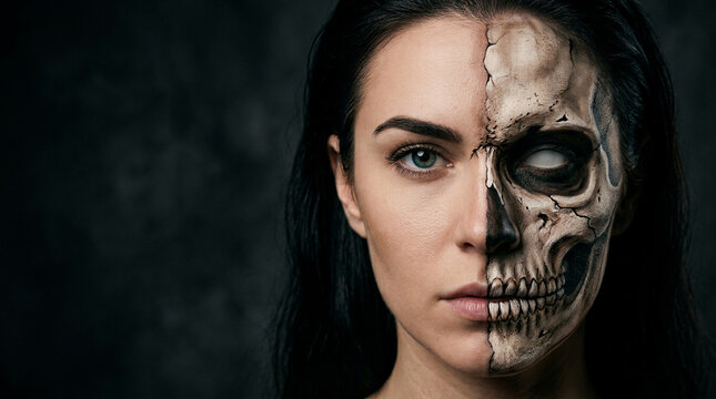 Cinematic halloween, gothic maximalist woman with makeup showing split face illusion, dark half human half skull horror portrait concept