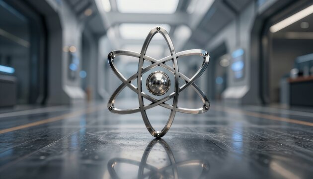 Metallic Atom Model Suspended in Modern Futuristic Corridor