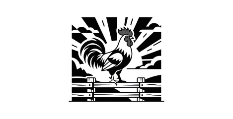 Rooster on Fence Vector Illustration © raigen