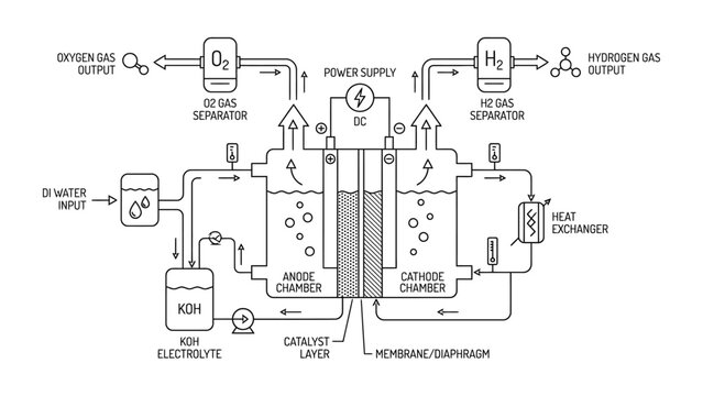 Technical diagram of an alkaline water electrolysis system for hydrogen production.