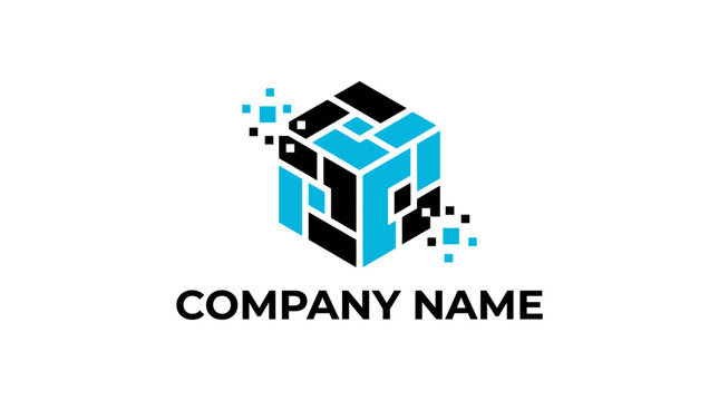 Abstract isometric digital cube logo with pixelated blocks.