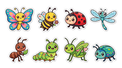 Naklejka premium Collection of Cute Cartoon Insects with Happy Faces, Including a Butterfly, Bee, Ladybug, Dragonfly, Ant, Caterpillar, Grasshopper, and Beetle.