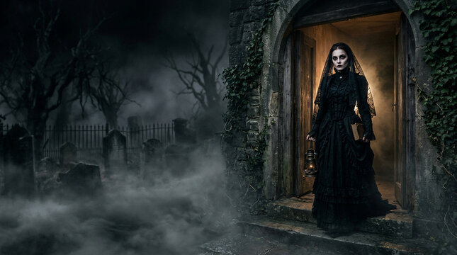 Cinematic halloween, gothic maximalist woman in black dress standing at crypt doorway with lantern in spooky dark foggy graveyard night