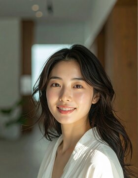 Portrait of a smiling young woman in a bright modern home interior setting