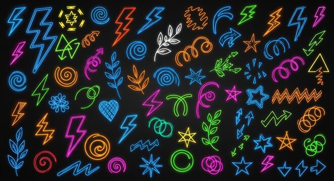 Neon hand drawn doodle set on dark surface