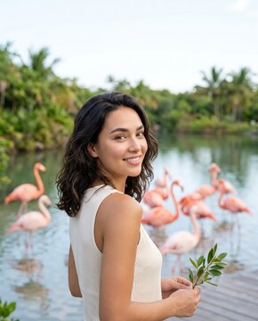 Smiling woman standing near a lake with pink flamingos in a tropical park
