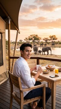 Man enjoying breakfast at a luxury safari lodge overlooking wild elephants at sunset