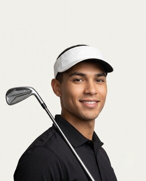Smiling man holding a golf club wearing a white visor in a studio portrait