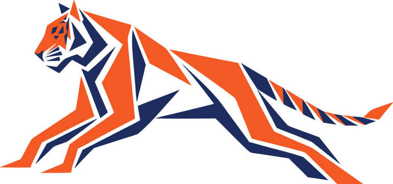 A stylized tiger rendered in an angular, geometric pattern with striking orange and navy blue colors, appearing to prowl with a sense of dynamic energy