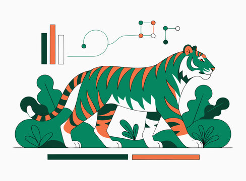 A stylized tiger illustration with green and orange stripes walks through lush green foliage. Abstract shapes and charts are visible in the background, suggesting a connection to data or technology