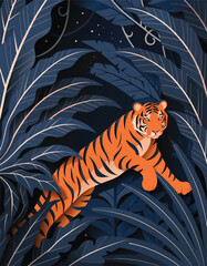 An illustration of a tiger in a dense jungle surrounded by dark blue leaves. The tiger is mid-leap, its orange and black stripes contrasting with the dark foliage. © Creative Creating