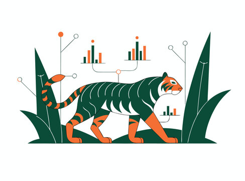 A stylized tiger walks through a jungle landscape with abstract digital elements and charts, symbolizing data analysis and technology in nature