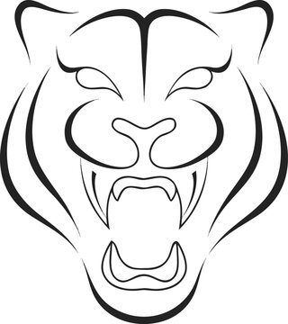 A fierce tiger head illustrated in a minimalist line art style. The tiger bares its sharp teeth and glaring eyes, conveying power and ferocity