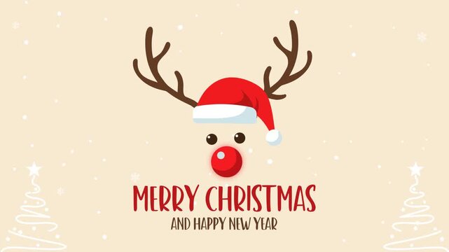 Animated Merry Christmas Reindeer Face with Santa Hat, Falling Snow, Holiday Greeting Background Loop