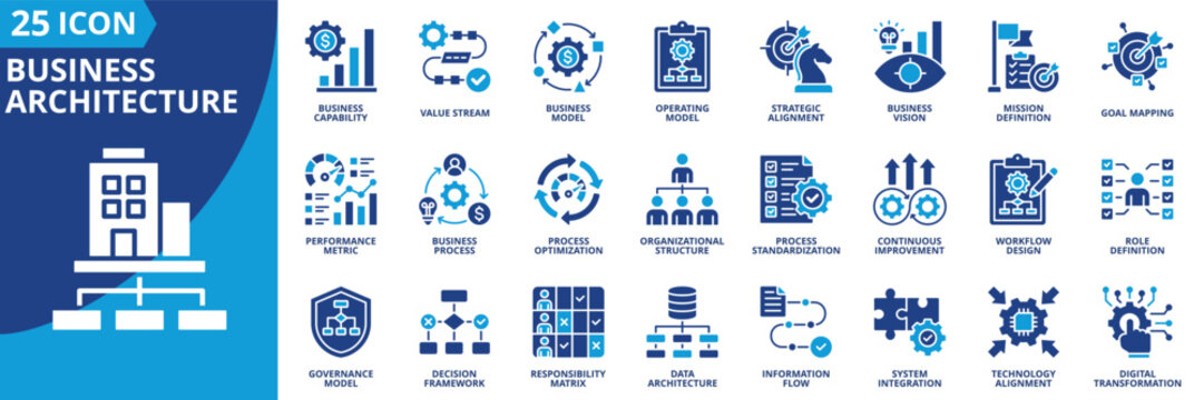 business architecture icon set contains capability, value stream, strategic alignment, vision mission, goal mapping, performance metric, process optimization, continuous improvement, workflow design