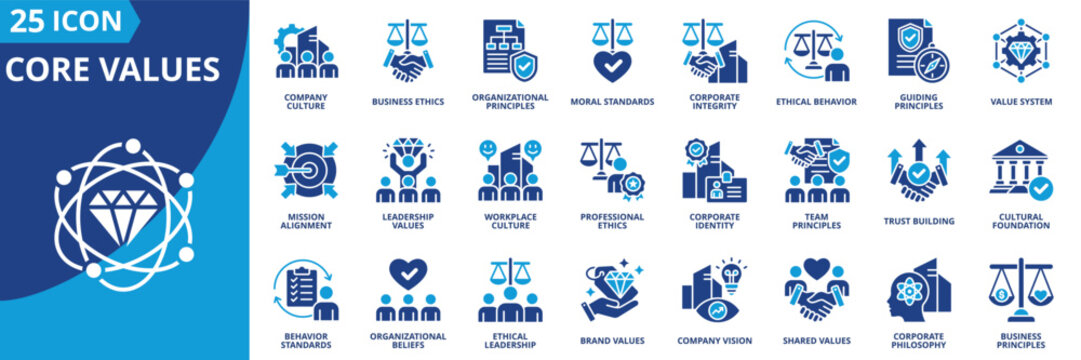 core values icon set contains business ethics, organizational principles, moral standards, corporate integrity, ethical behavior, value system, mission alignment, leadership values, company culture