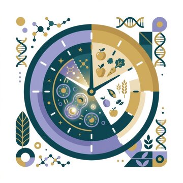 A design shows a clock divided into sections with symbols of health, food, and cells. It represents concepts like aging, wellness, and eating habits.