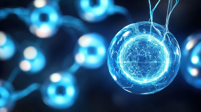Visualization of a single glowing blue cell with surrounding particles