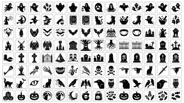 Collection of various halloween icons and symbols in black silhouette