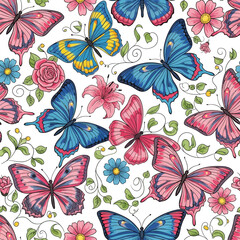 Obraz premium Seamless watercolor pattern with pink and blue butterflies and colorful flowers