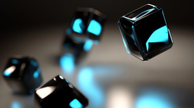 Close-up of glossy black dice with glowing blue edges on reflective surface