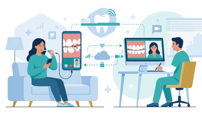 A person talks with a dental care professional using a smart toothbrush for oral health and gum disease management during a video call.