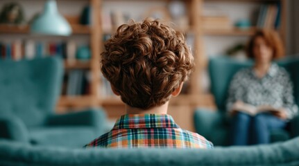 Naklejka premium Child boy in mental health therapy consultation with a professional counselor