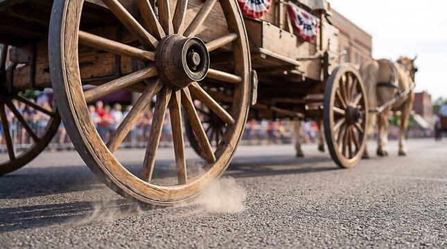 A wooden wagon wheel spinning on the pavement during the Days of 47 celebration for Pioneer Day in Utah, commemorating historical heritage and tradition