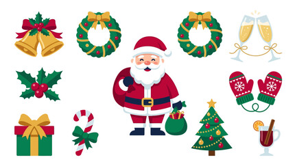Naklejka premium Festive Holiday Seasonal Elements Collection Featuring Santa Claus and Decorated Christmas Icons for Winter Celebrations and Decorative Greeting Designs
