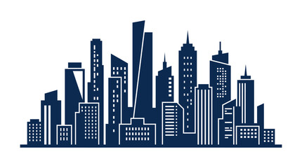 Obraz premium Minimalist Dark Blue City Skyline Silhouette Graphic Design for Urban Development and Metropolitan Real Estate Branding Projects