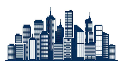 Fototapeta premium Modern City Skyline Silhouette Illustration Featuring Dense Urban Architecture and Tall Skyscrapers in Minimalist Dark Blue Style