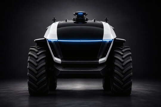 Front view of a futuristic autonomous AI farm tractor with LiDAR sensor isolated on a dark background