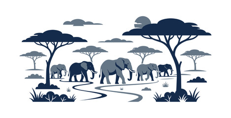 Stylized Elephant Herd Savanna Vector Illustration © Steven
