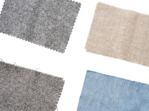 Set of four different fabric texture swatches as PNG isolated on transparent background