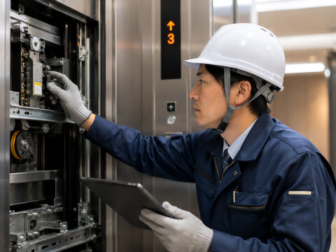 エレベーター設備を点検するメンテナンススタッフ
