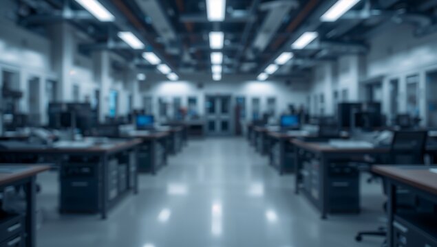 Generative AI depicts a modern, empty computer lab with multiple workstations