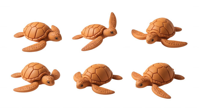 six miniature clay sea turtles posed on a white backdrop different positions useful for education and design