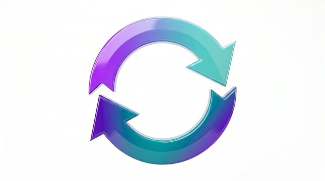 Glossy purple and cyan circular arrows symbolizing refresh reload and continuous cycle concepts on white background with displays vibrant glossy