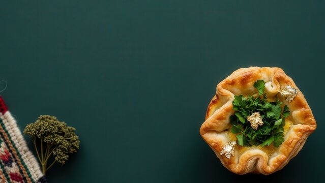 Mini kuku cup with a golden crust, micro-parsley, and edible gold, styled with dried parsley and wool fabric on a deep green background with ample copy space.