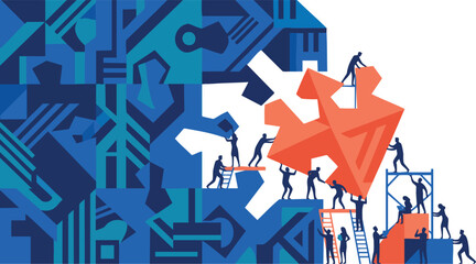 Obraz premium Collaboration Concept with Diverse People Building a Large Orange Puzzle Piece