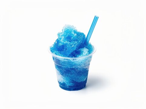 A clear plastic cup filled with blue shaved ice and a blue straw, set against a white background.