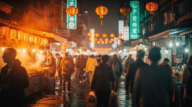 A bustling night market street illuminated by warm lanterns and neon signs, filled with people exploring food stalls and vibrant city life.