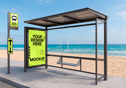 Bus Stop Poster Beach Sand Mockup
